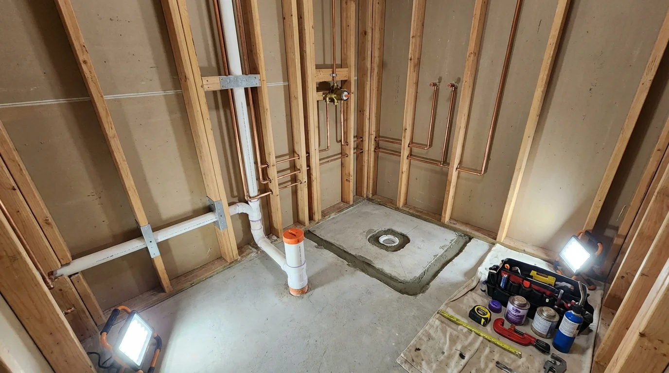 Bathroom rough-in plumbing during remodel by Johns Plumbing LLC in Lake Elmo