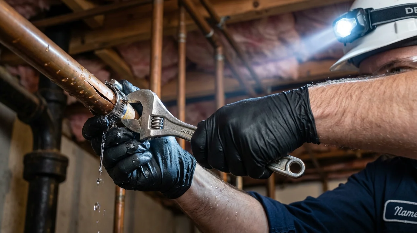Emergency pipe clamp repair being performed by a Johns Plumbing LLC plumber in Lake Elmo