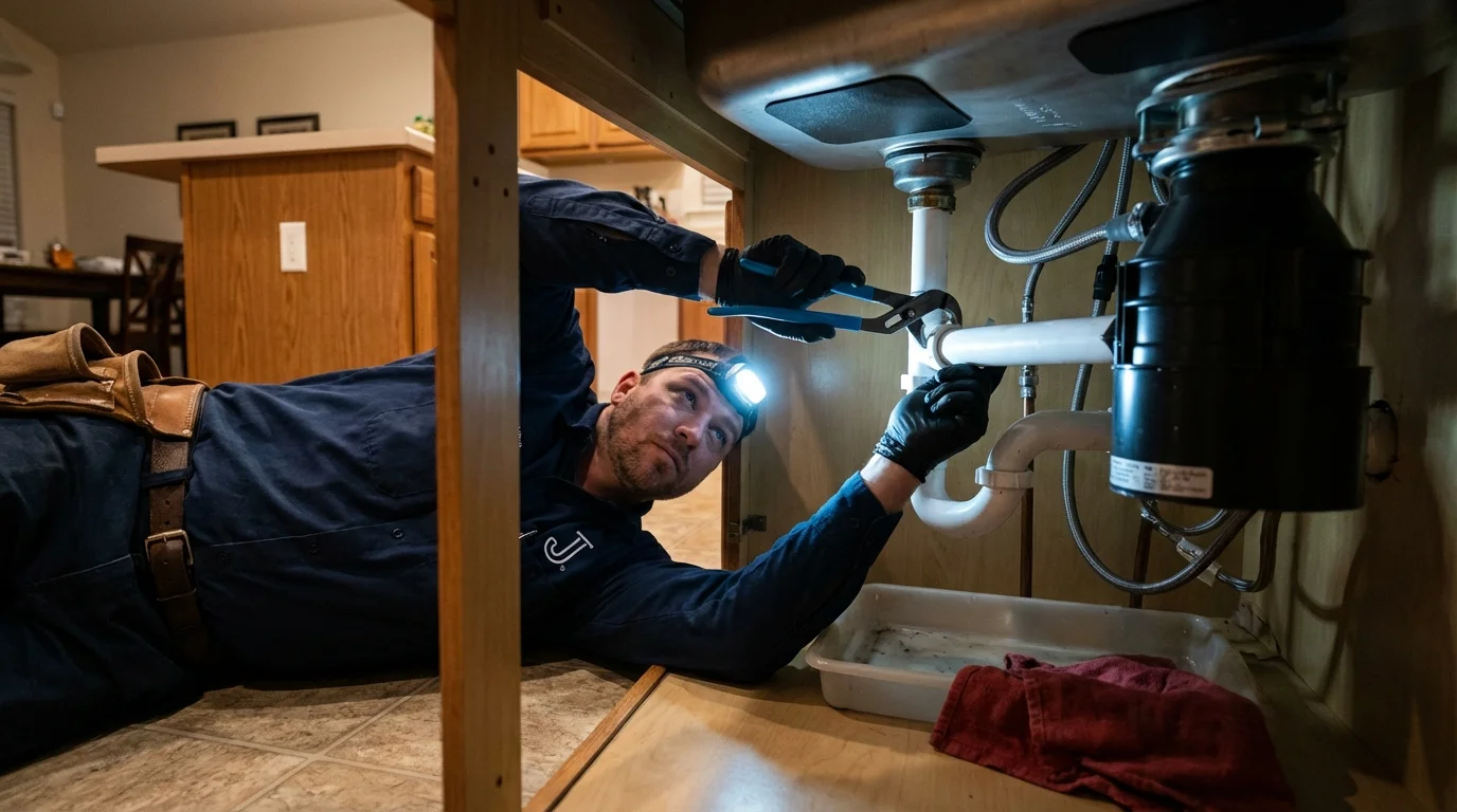 P-trap and supply line connections under a kitchen sink showing a common leak point in Lake Elmo, MN